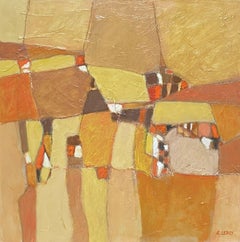 LARGE FRENCH CONTEMPORARY ABSTRACT CUBIST PAINTING - R. LEROY - OCHRE COLORS