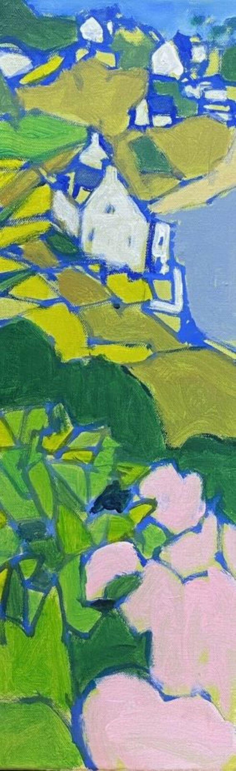 R.Leroy Landscape Painting - LEROY - FRENCH CONTEMPORARY CUBIST PAINTING - GREEN PINK & BLUES LANDSCAPE