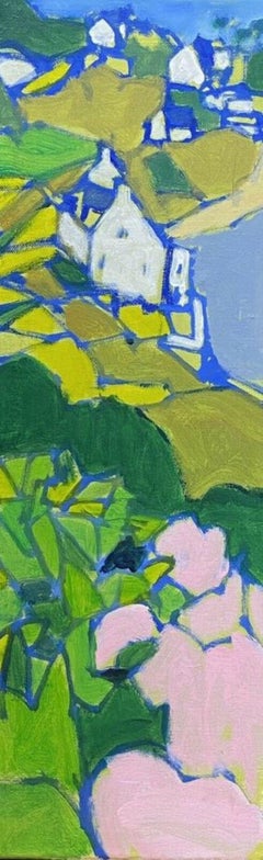 LEROY - FRENCH CONTEMPORARY CUBIST PAINTING - GREEN PINK & BLUES LANDSCAPE