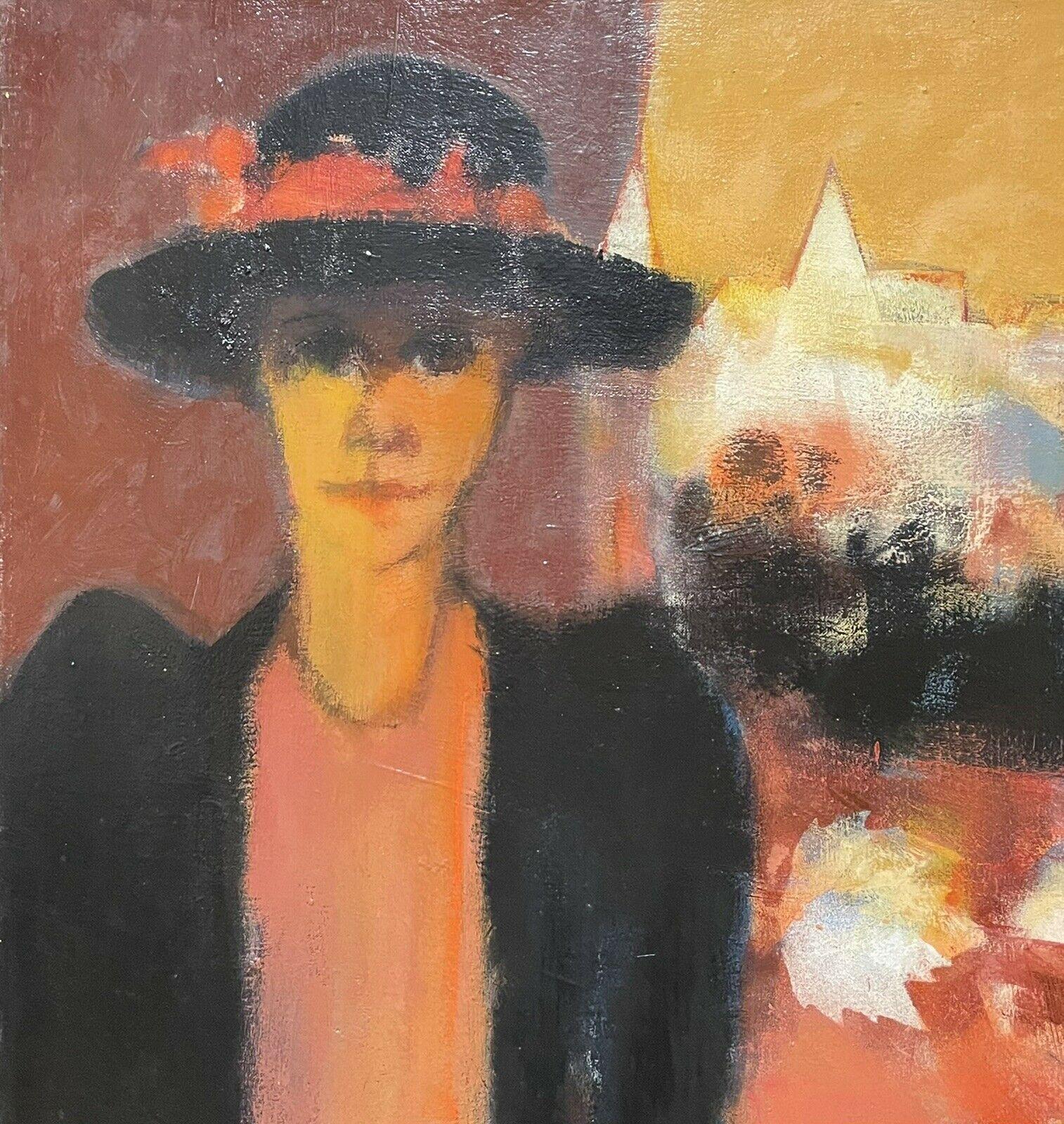 LEROY - LARGE FRENCH CONTEMPORARY ABSTRACT CUBIST PAINTING - LADY IN HAT - Frame - Painting by R.Leroy