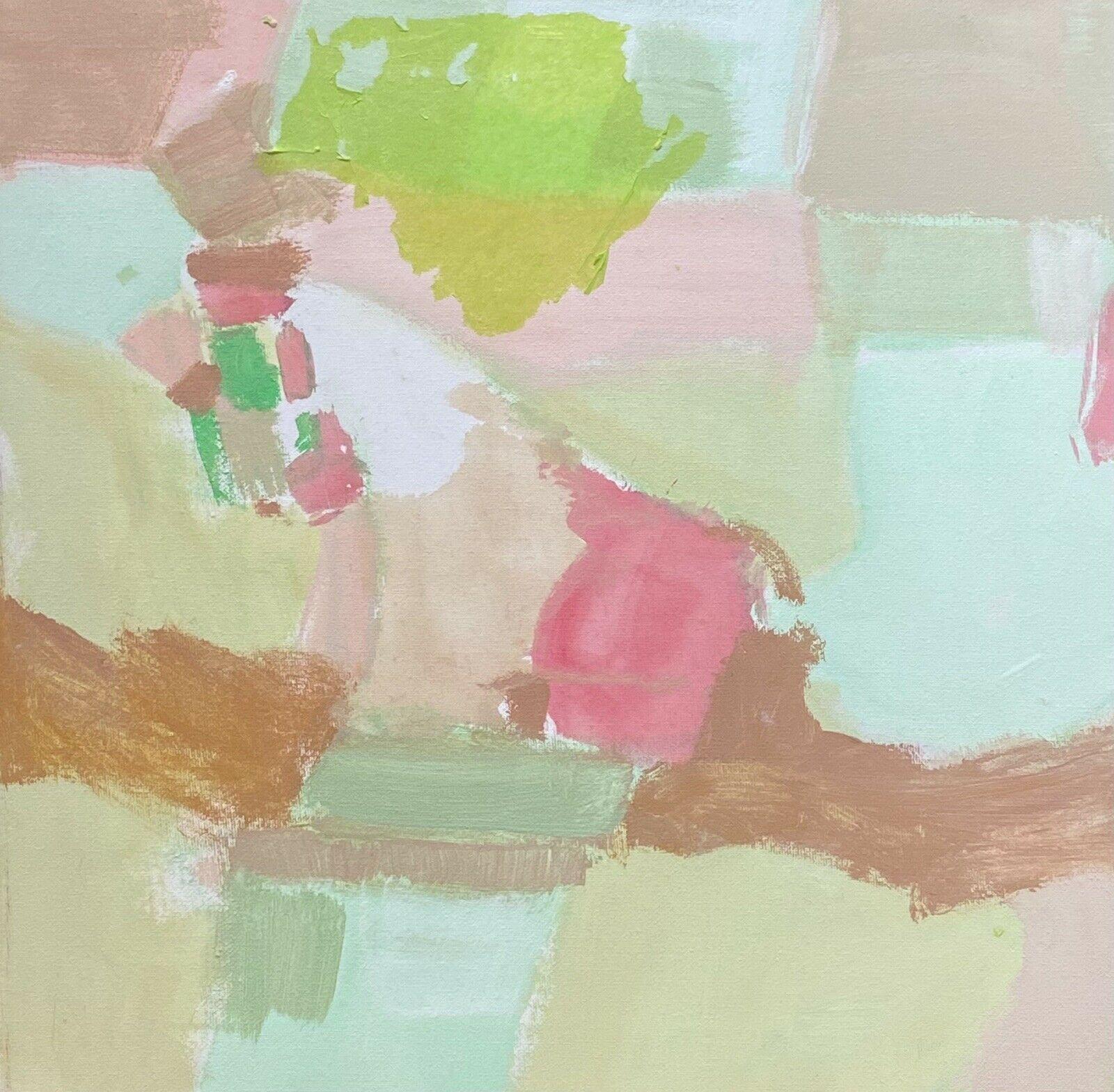 R.Leroy Abstract Painting - PASTEL PINKS & GREEN COLORS - FRENCH CONTEMPORARY ABSTRACT CUBIST PAINTING