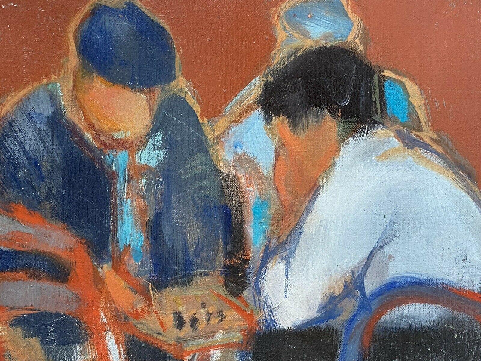 RENE LEROY - FRENCH MODERNIST OIL PAINTING - FIGURES HUNCHED OVER BOARD GAME - Painting by R.Leroy