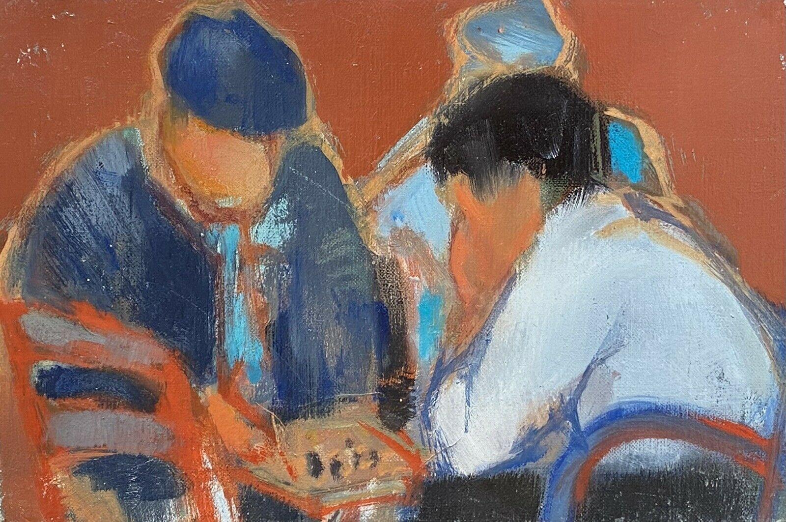 R.Leroy Figurative Painting - RENE LEROY - FRENCH MODERNIST OIL PAINTING - FIGURES HUNCHED OVER BOARD GAME