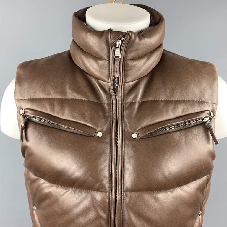 RLX by RALPH LAUREN Size M Brown Quilted Leather Zip Up Down Puff Vest