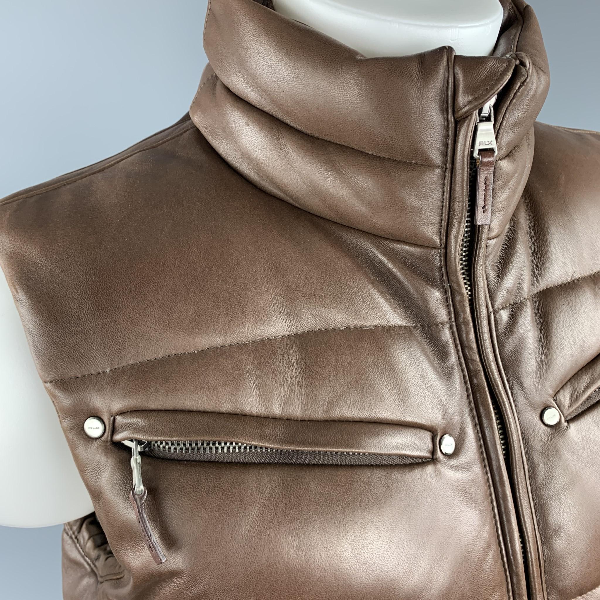 RLX by RALPH LAUREN Size M Brown Quilted Leather Zip Up Down Puff Vest In Good Condition In San Francisco, CA