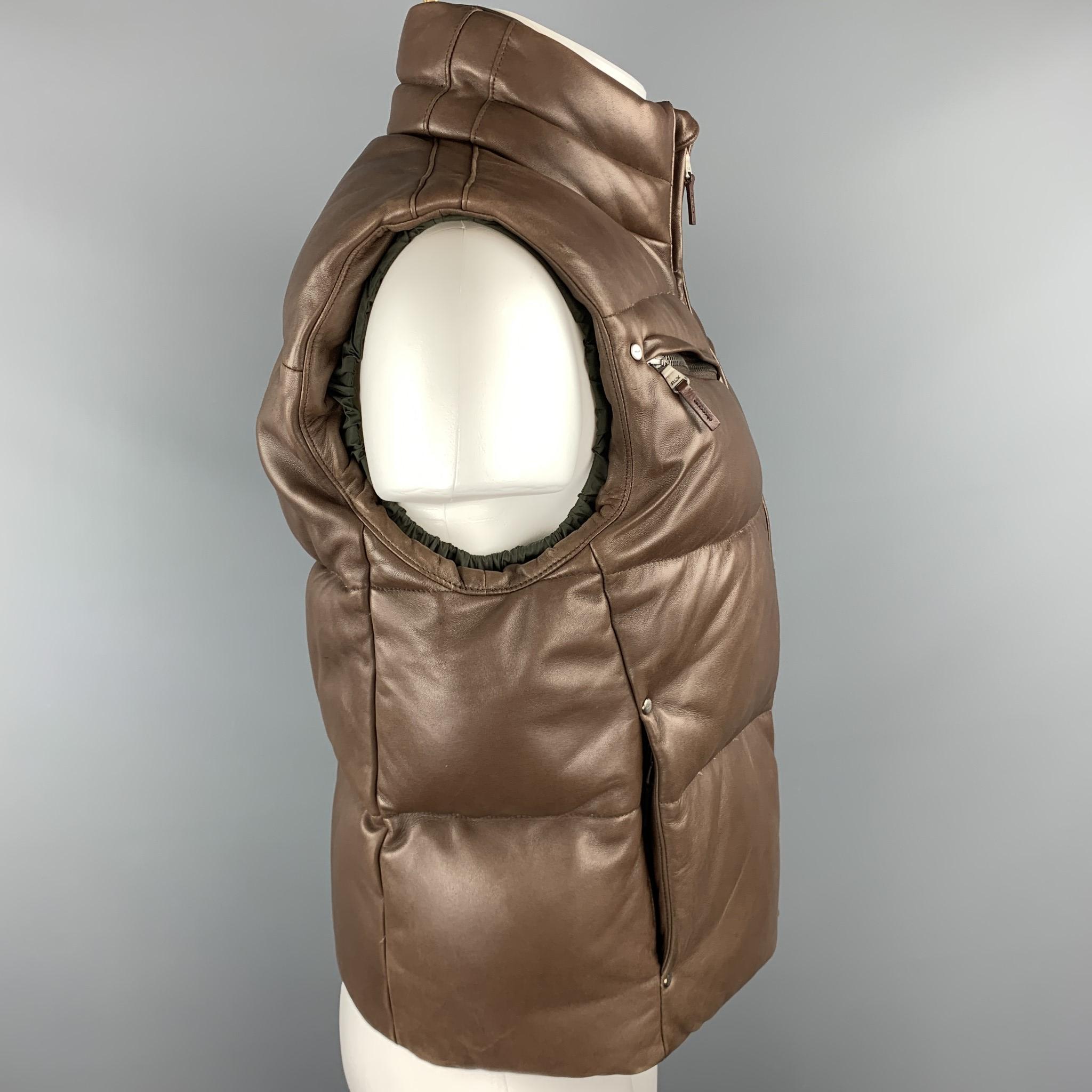RLX by RALPH LAUREN Size M Brown Quilted Leather Zip Up Down Puff Vest 1