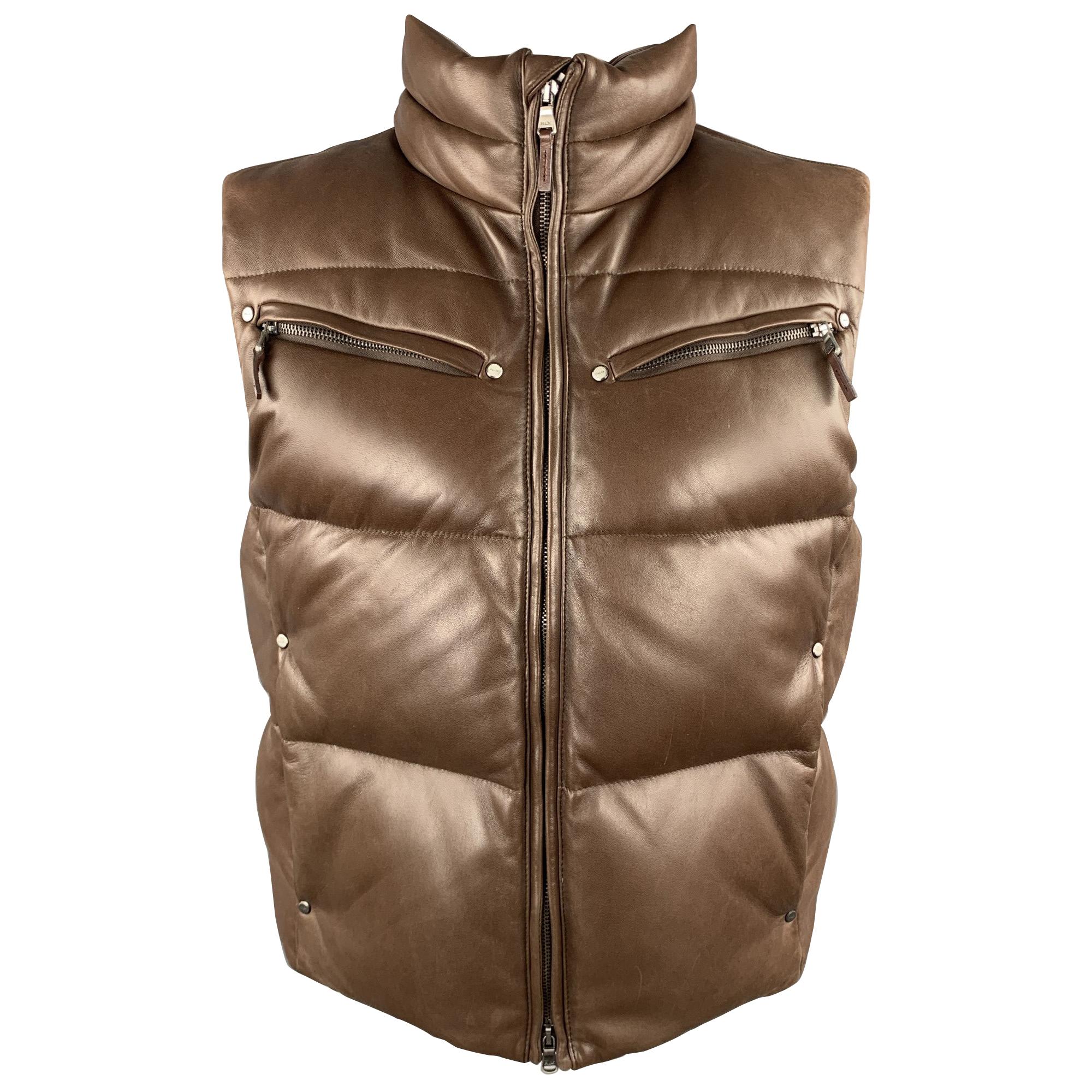 RLX by RALPH LAUREN Size M Brown Quilted Leather Zip Up Down Puff Vest