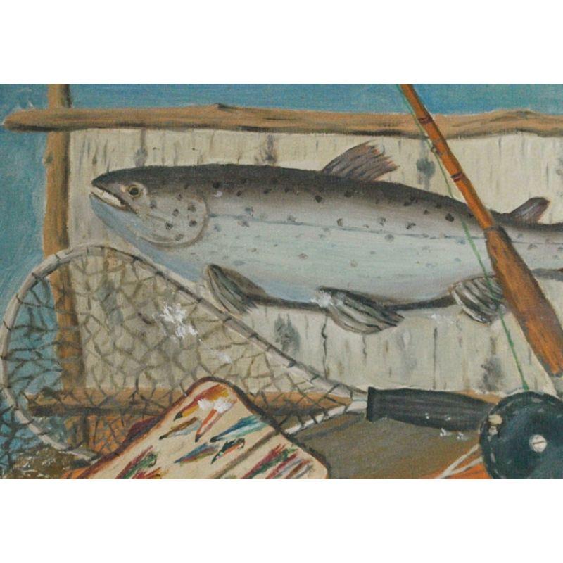 Classic angling still life oil on canvas 

by R.M. Starr (LL) w/ bamboo fly rod/ trout flies & net

Canvas Sz: 13 1/2