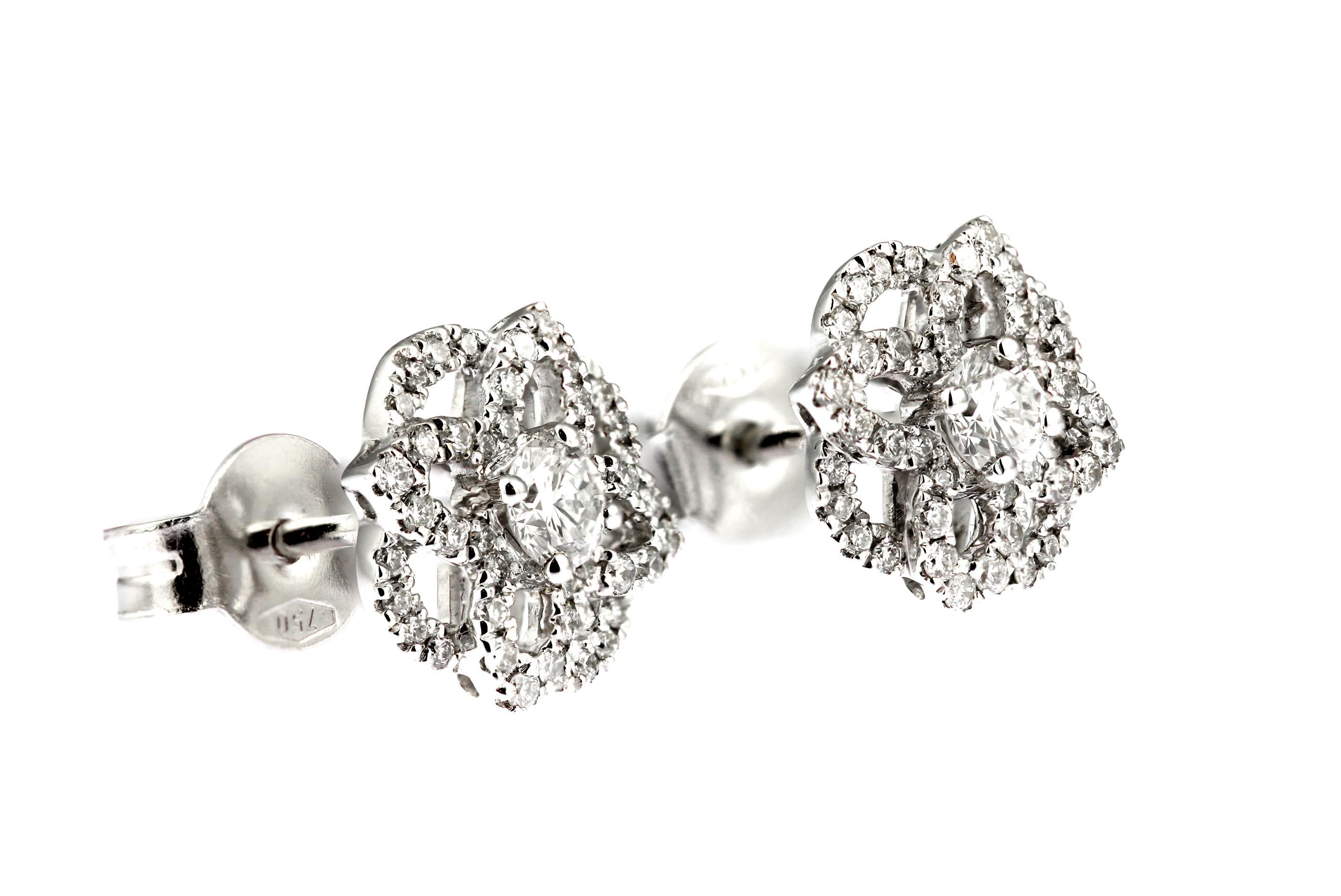 Round Cut 18ct White Gold & White Diamond Decorative Celtic Design Earrings For Sale