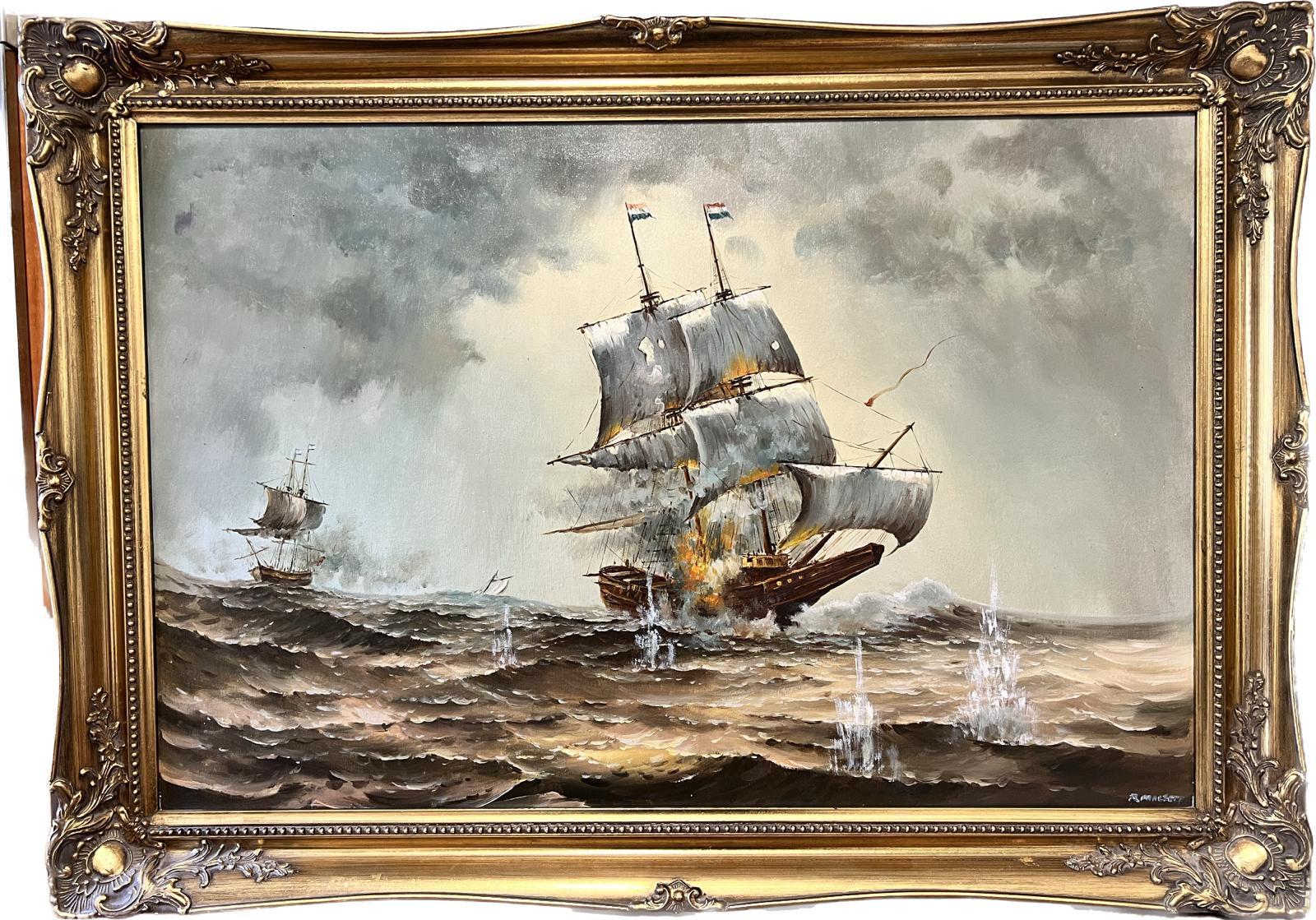 Scena di battaglia navale classica Battaglia di navi in mare firmata grande pittura a olio su tela - Painting di R.Mallett