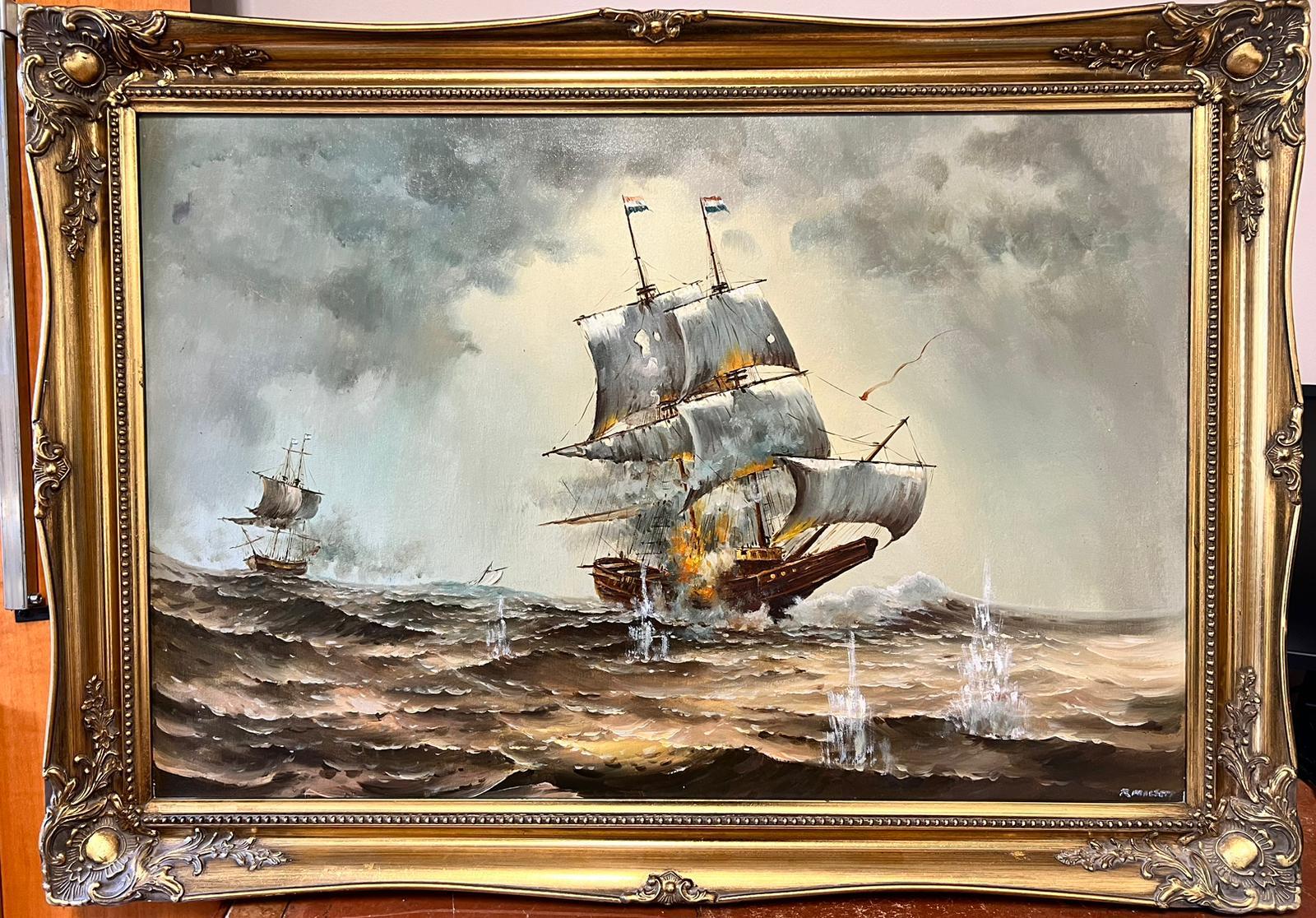 Scena di battaglia navale classica Battaglia di navi in mare firmata grande pittura a olio su tela - Painting Vittoriano di R.Mallett