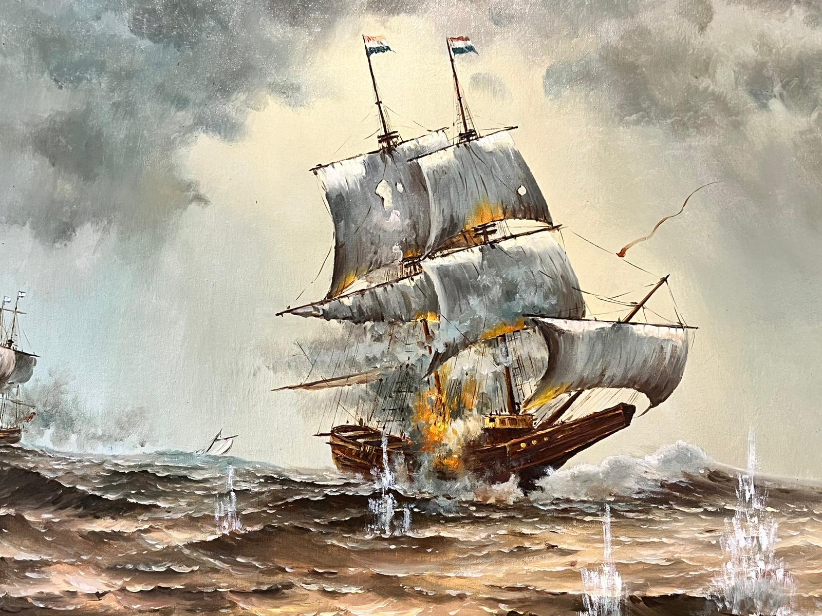 Scena di battaglia navale classica Battaglia di navi in mare firmata grande pittura a olio su tela 1