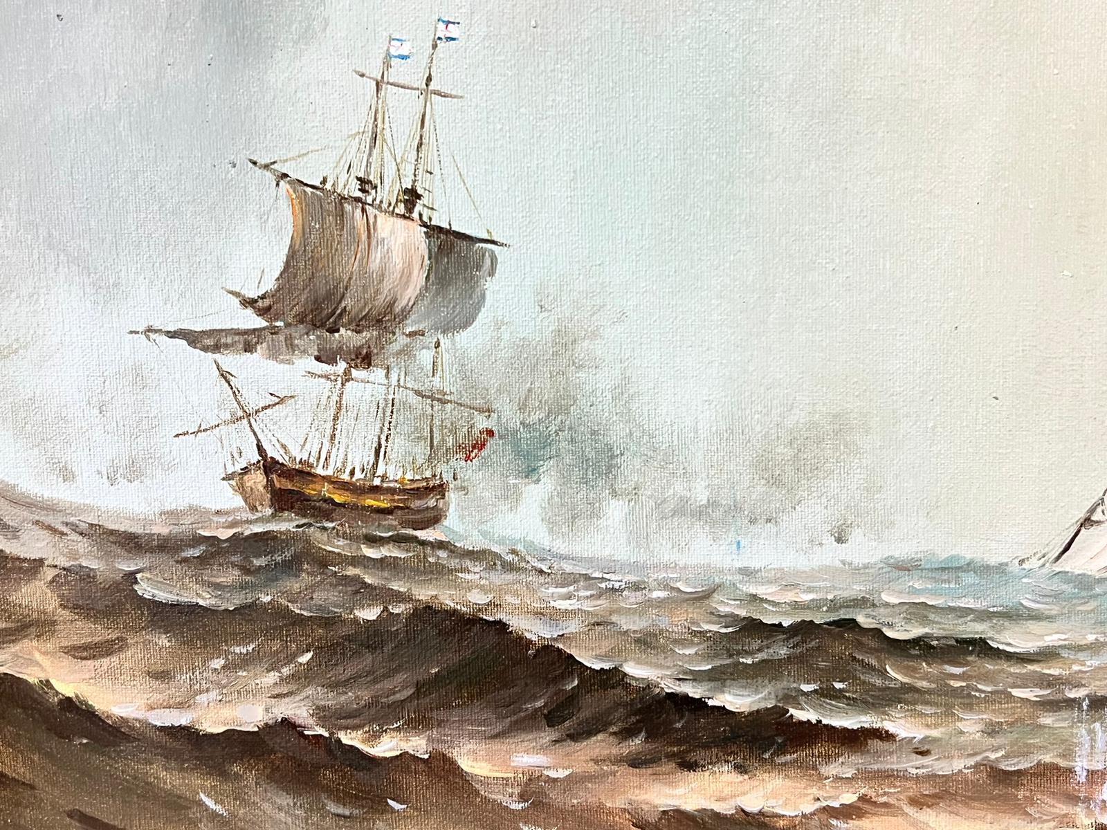 Scena di battaglia navale classica Battaglia di navi in mare firmata grande pittura a olio su tela 2