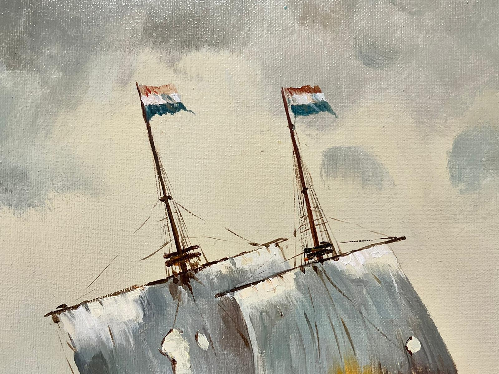 Scena di battaglia navale classica Battaglia di navi in mare firmata grande pittura a olio su tela 3