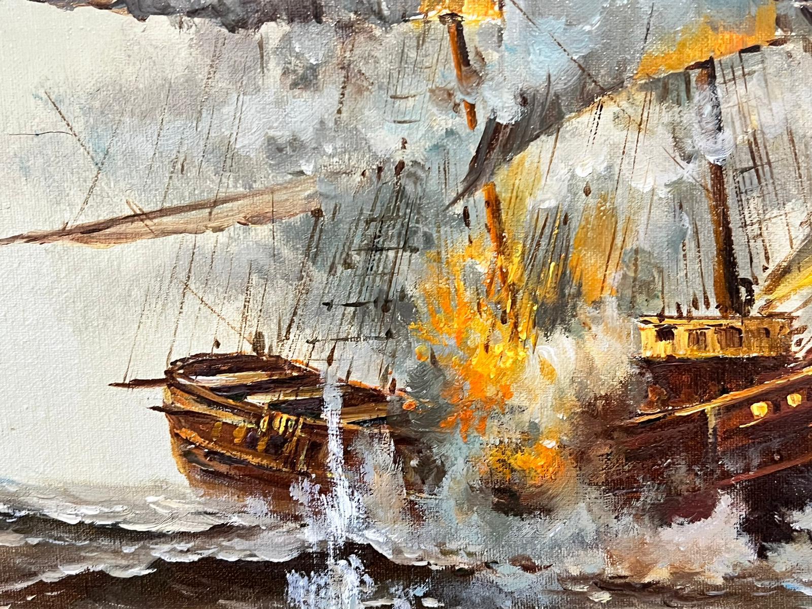 Scena di battaglia navale classica Battaglia di navi in mare firmata grande pittura a olio su tela 4