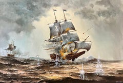 Grande peinture à l'huile sur toile représentant une scène de bataille navale, « Ships at Sea Battle » signée