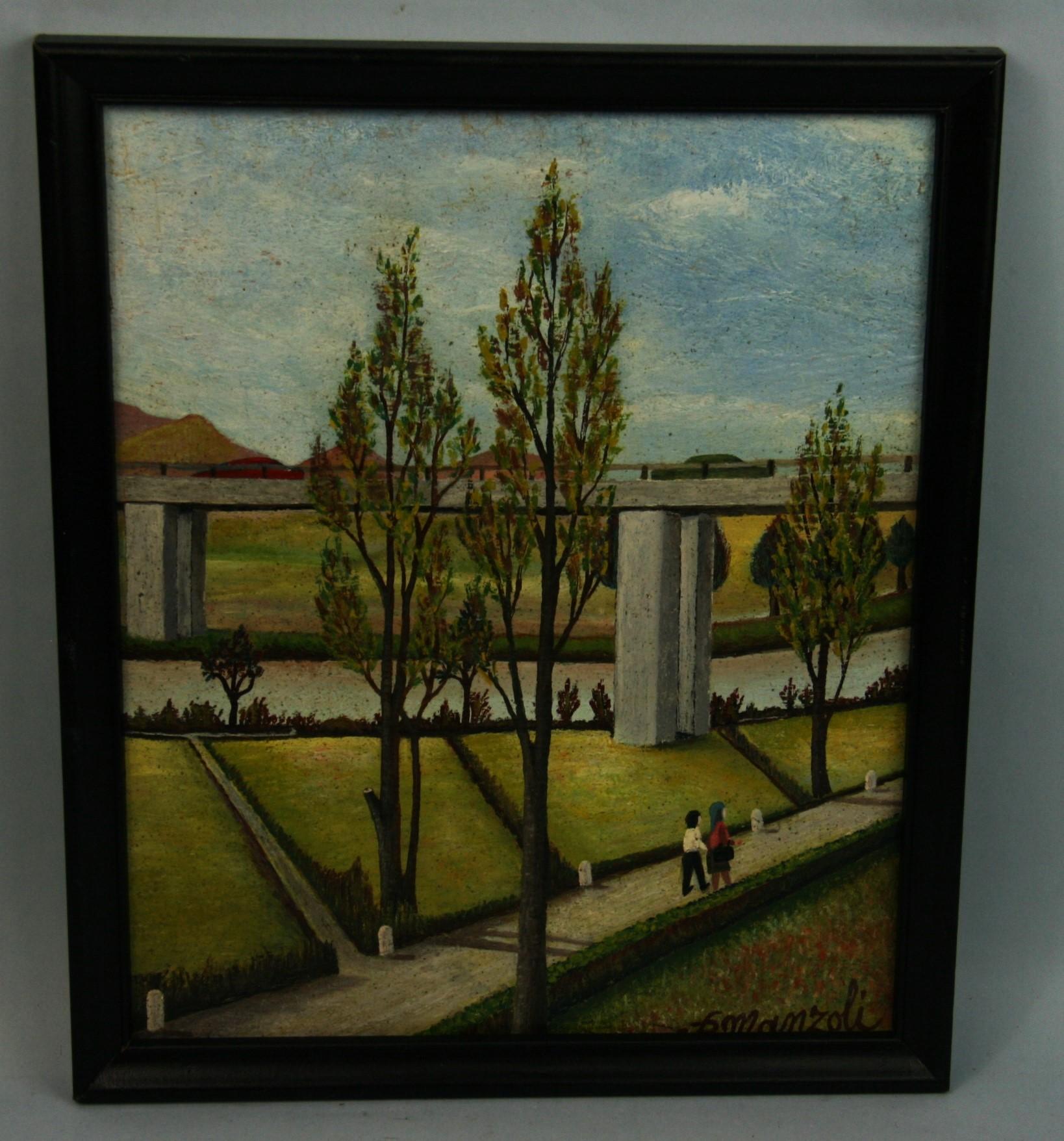 Paysage figuratif moderne de parc urbain - Noir Landscape Painting par R.Manzoli