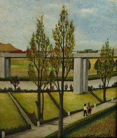 Modern City Park Landscape, Oil on Wood, Framed, 1970s, 14x11.75"