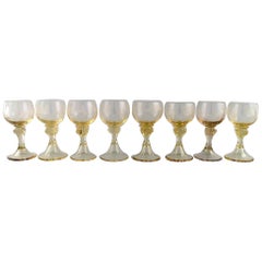 Vintage Rømer Glass, Eight Bohemian Wine Glasses with Engraved Grapevines