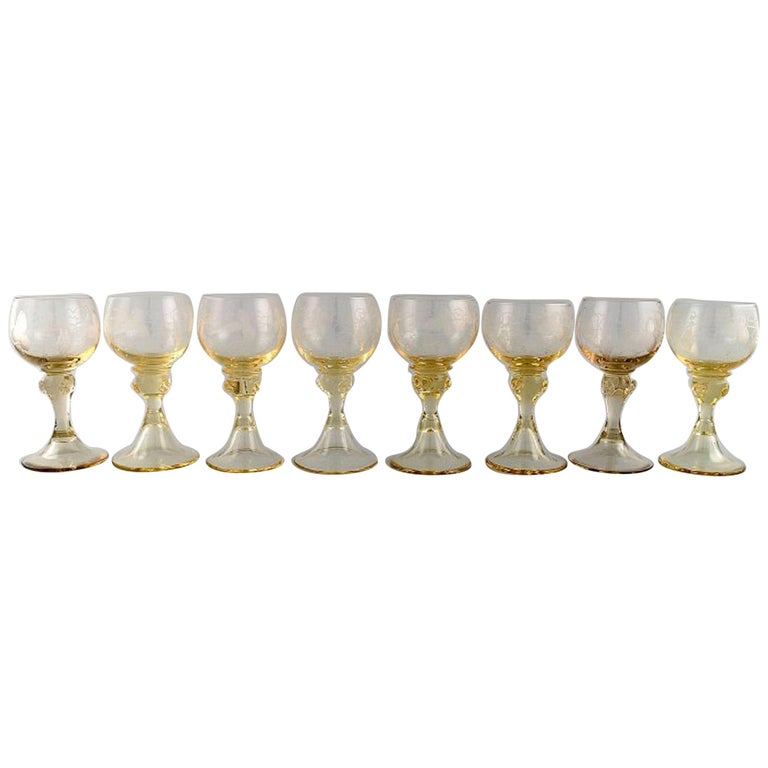 Rømer Glass, Eight Bohemian Wine Glasses with Engraved Grapevines at