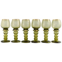 Rømer Glass, Six Bohemian Wine Glasses with Engraved Grapevines