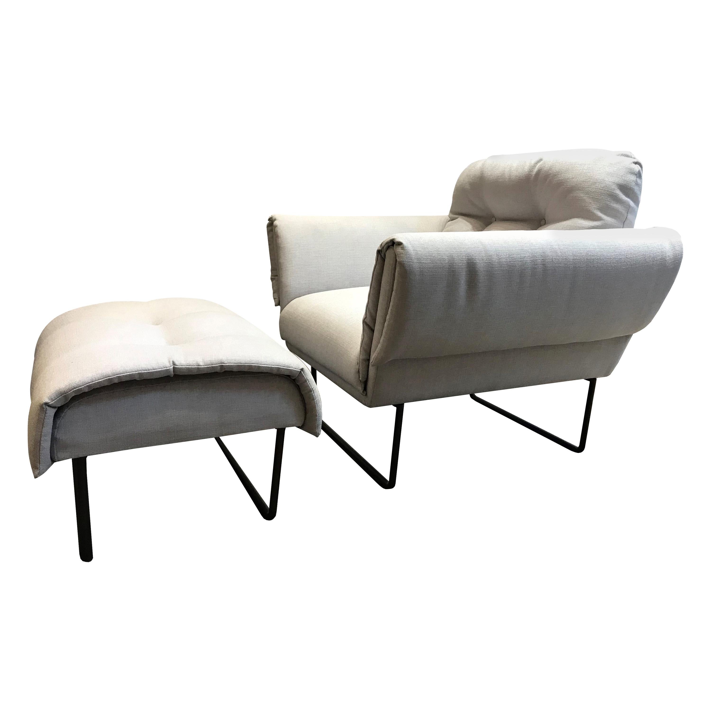 "Ro" Modernist Armchair with Ottoman in Upholstery and Painted Steel For Sale