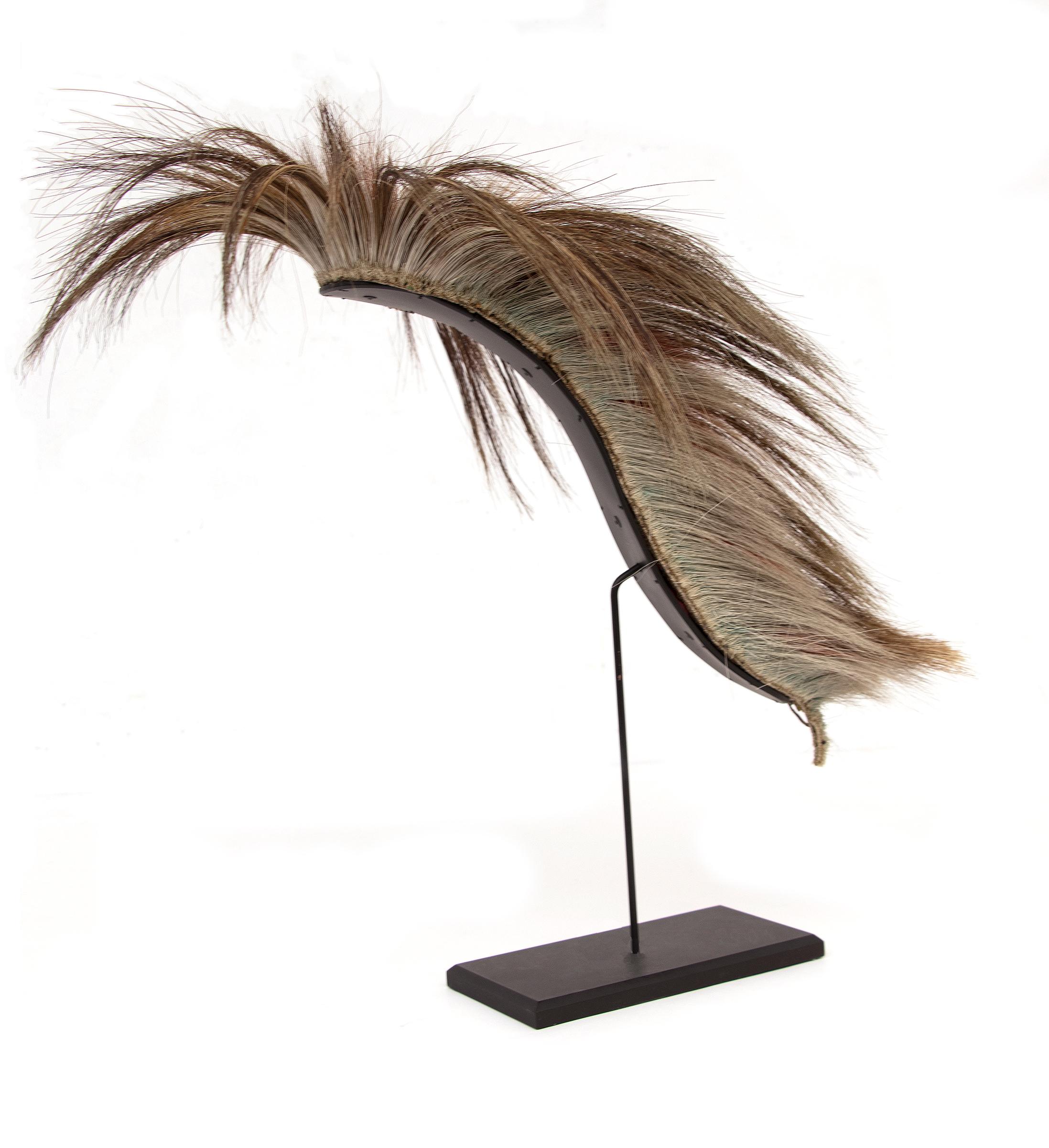 Antique 19th century Native American (Plains Indian) roach headdress made with dyed deer hair and porcupine guard hair on a u-shaped braided cloth with leather cords. 

Custom display stand is included.  Dimensions (as shown on the stand) measure 18