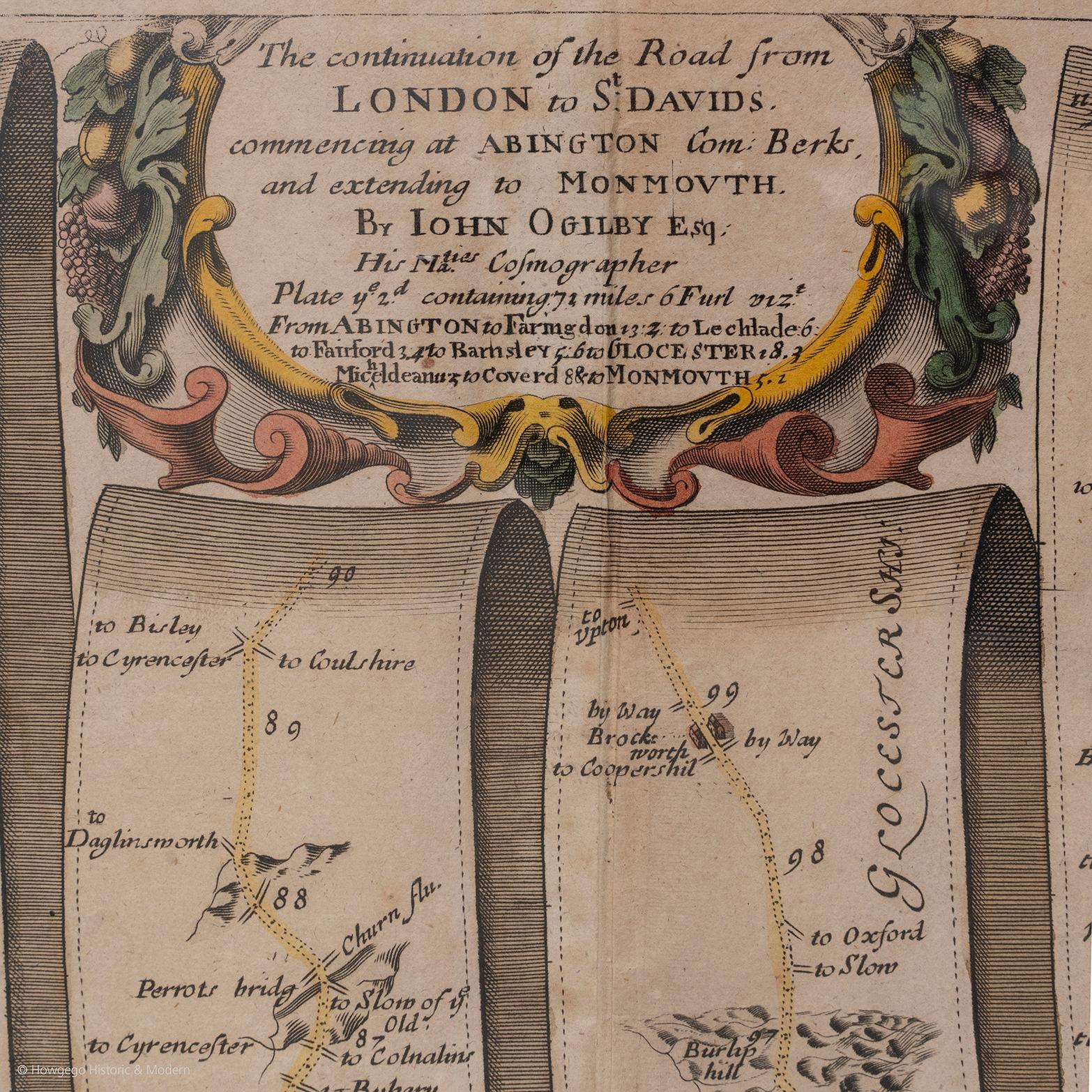 Charles II Carte de la route Britannia n° 15 de Londres à St Davids John Ogilby avec cadre doré brun en vente