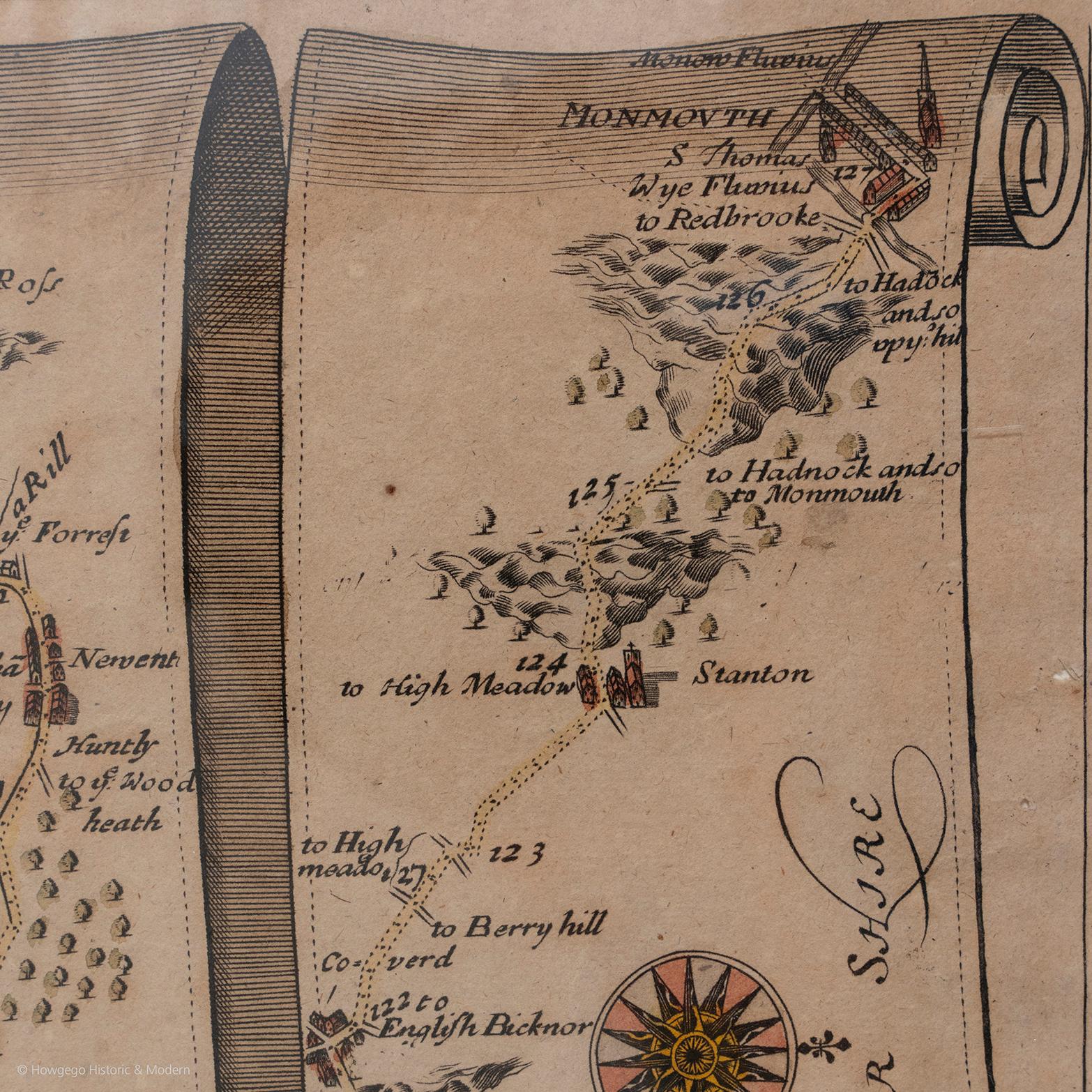 Vernissé Carte de la route Britannia n° 15 de Londres à St Davids John Ogilby avec cadre doré brun en vente