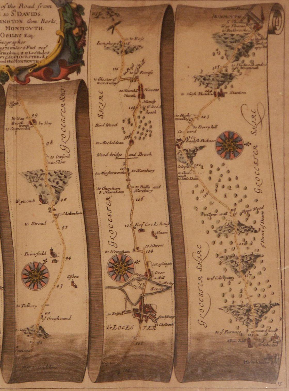 17ème siècle Carte de la route Britannia n° 15 de Londres à St Davids John Ogilby avec cadre doré brun en vente