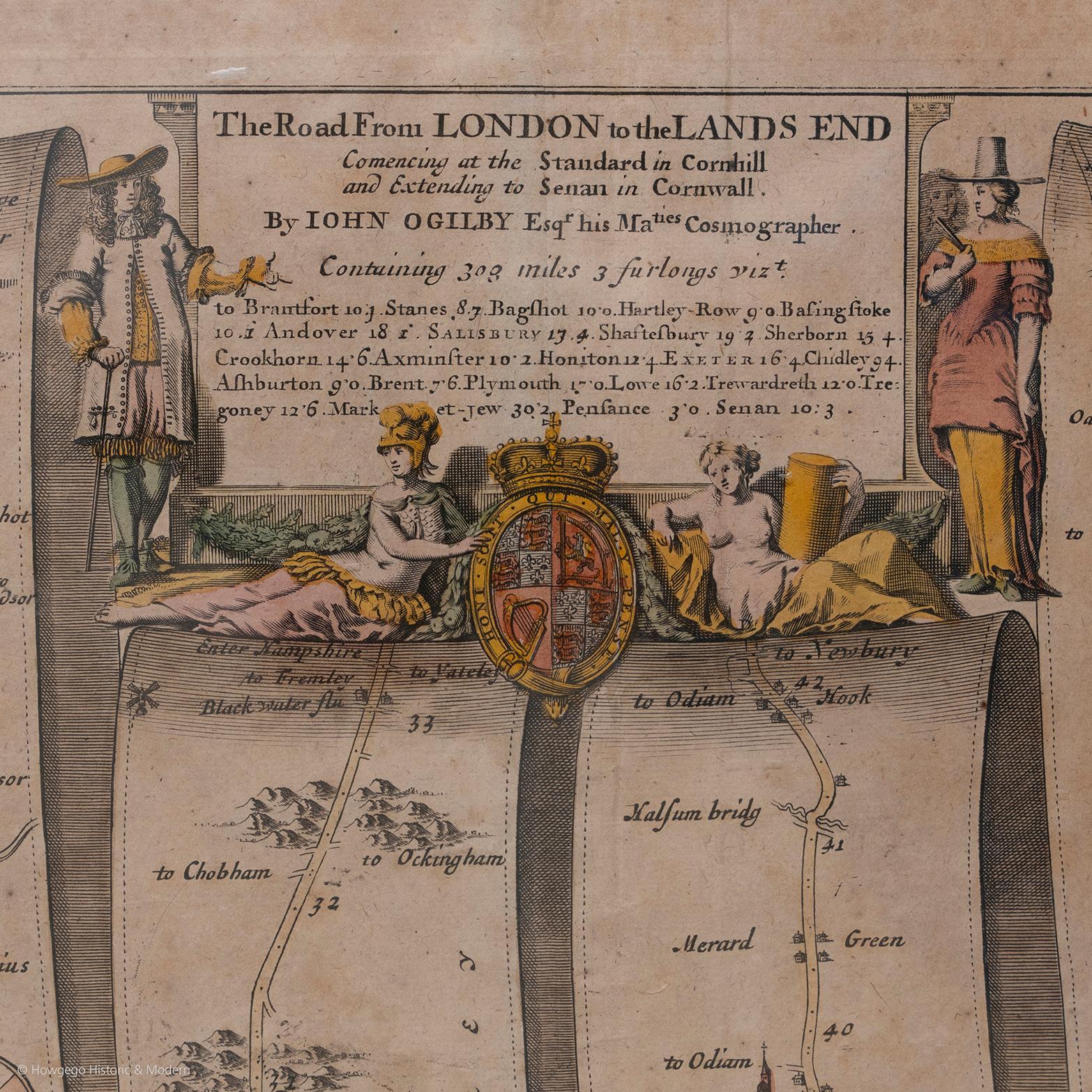 Charles II Road Map Britannia No 25 London to the Lands End, John Ogilby Brown Gilded Frame For Sale