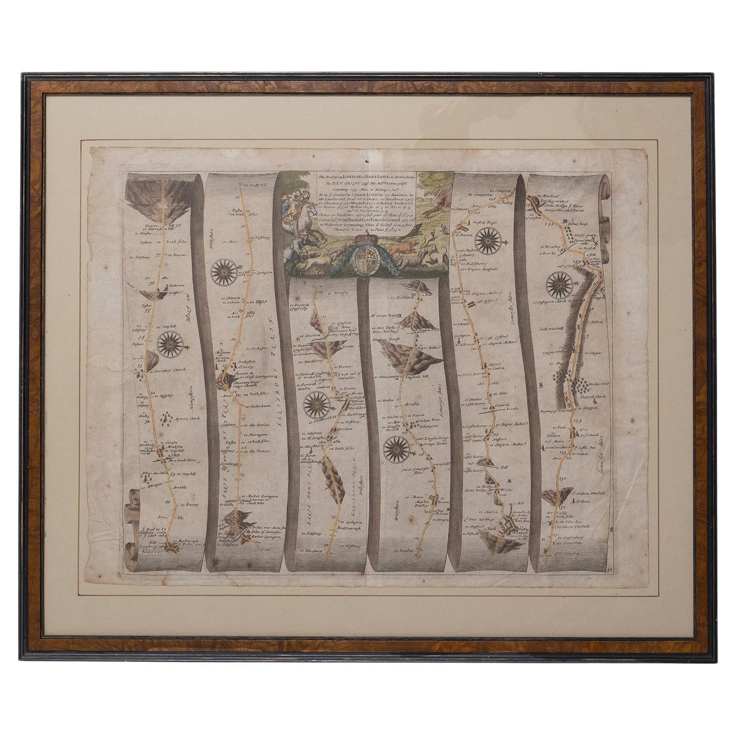 Road Map Britannia No 32 the Road from London to Barnstable John Ogilby Framed For Sale
