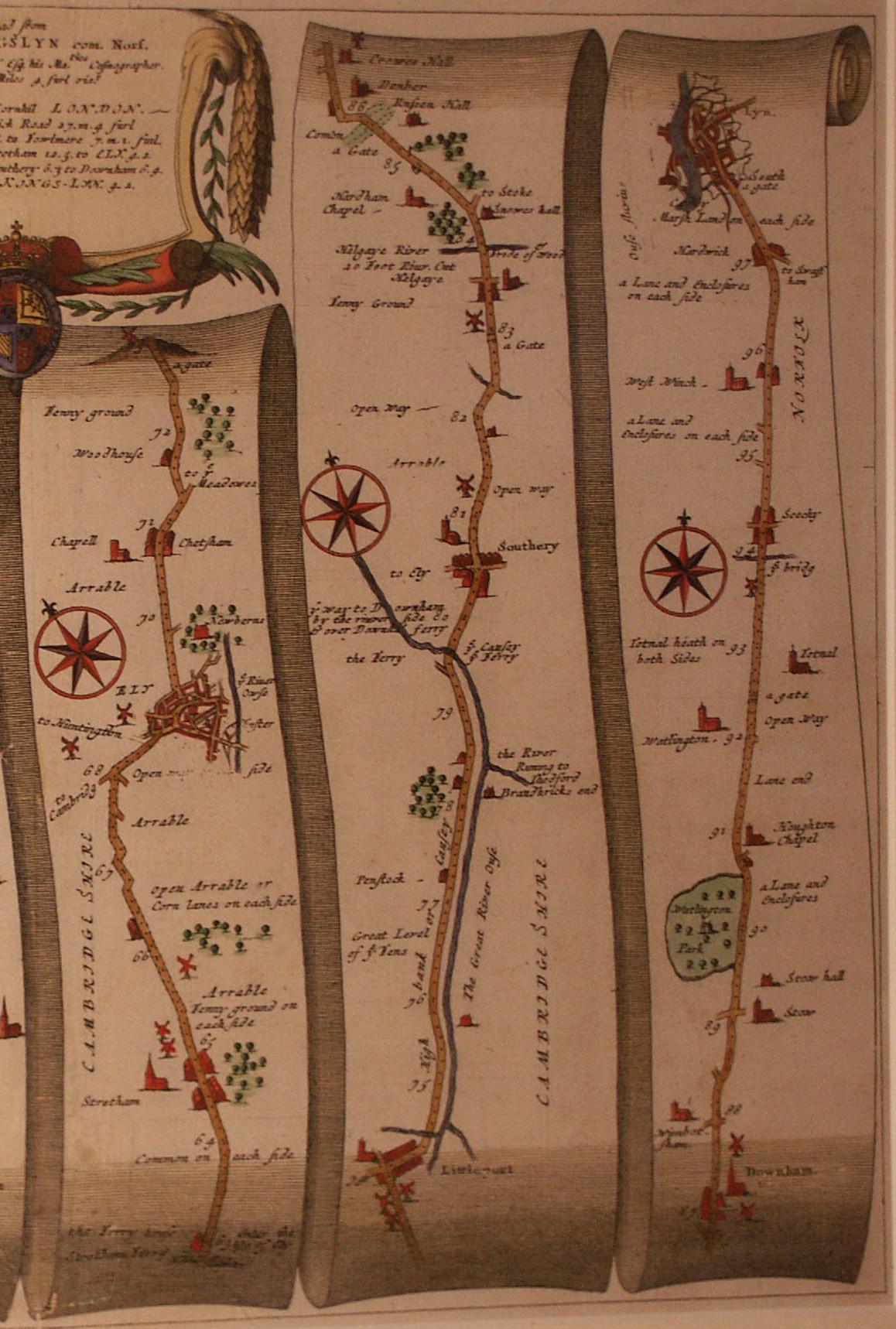John Ogilby (British 1600-1676) Cosmographer and Geographick Printer to Charles II 
A road map from Britannia, 1675/6. The road from London to Kings Lynn, showing Royston to Downham

In a remarkable life John Ogilby pursued, several careers, each