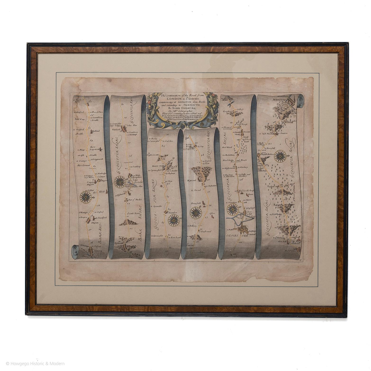 John Ogilby (British 1600-1676) Cosmographer and Geographick Printer to Charles II. A road map from Britannia, 1675/6. No 15. 

The continuation of the road from London to St Davids, commencing at Abingdon Com Berks and extending to Monmouth By