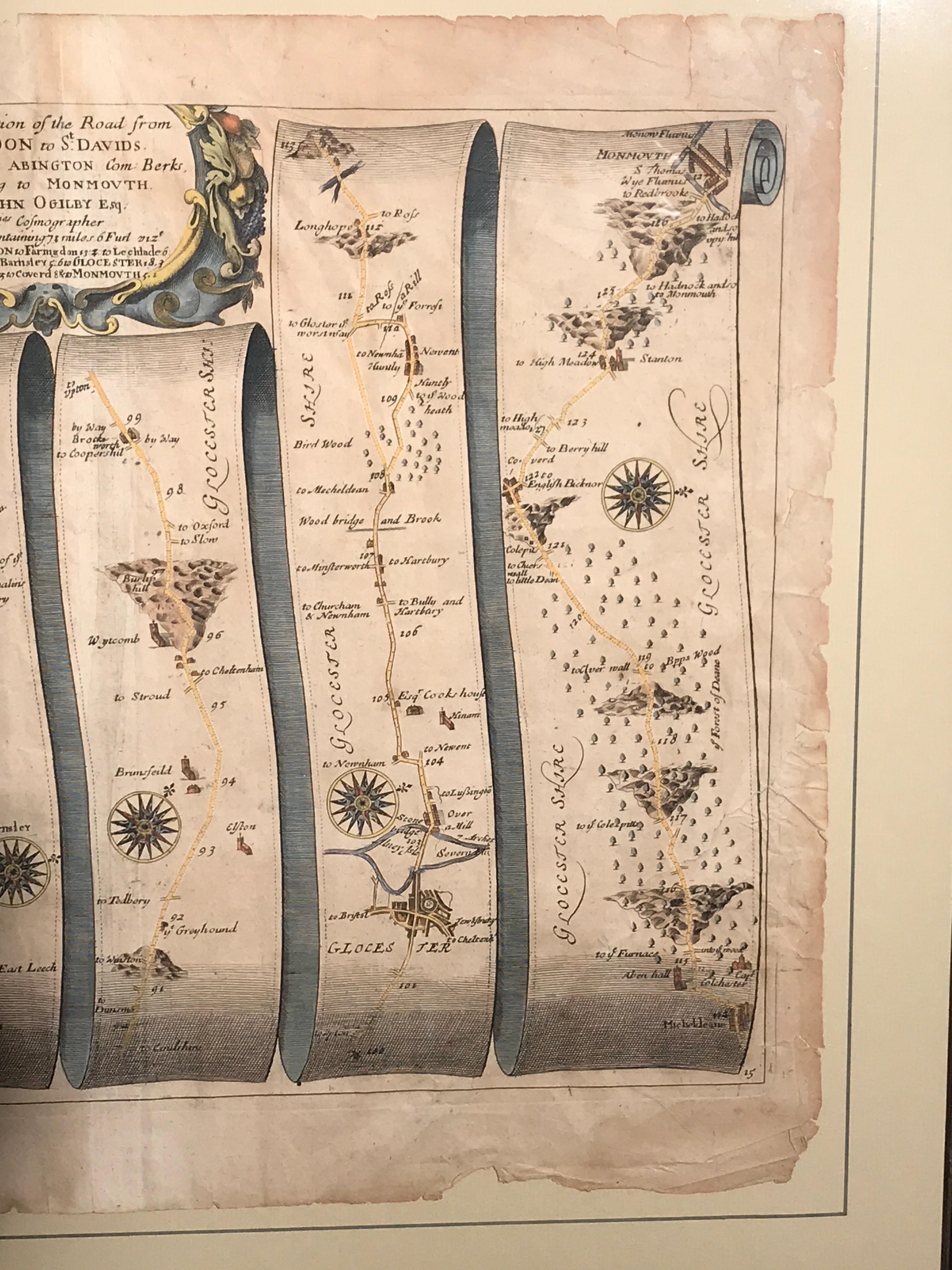 Carta Mappa stradale John Ogilby London St. Davids Britannia No 15 Abingdon Monmouth incorniciato in vendita