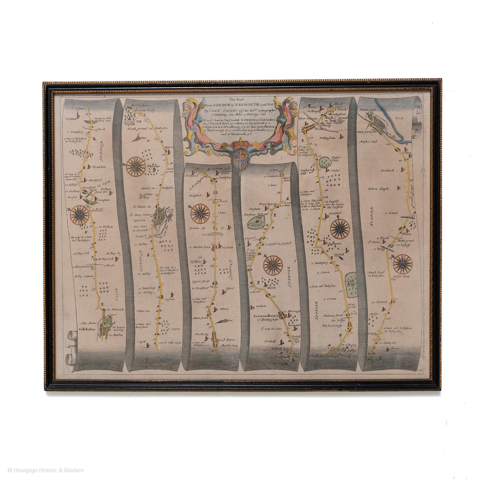 The Road from London to Yarmouth com. Norfolk. By John Ogilby, His Majesties Cosmographer. Containing 122 miles, 5 furlongs. No 54. 

From Standard in Cornhil London to Colchester. In Harwich Road thence to Stratford, to Ipswich, to Woodbridge, to