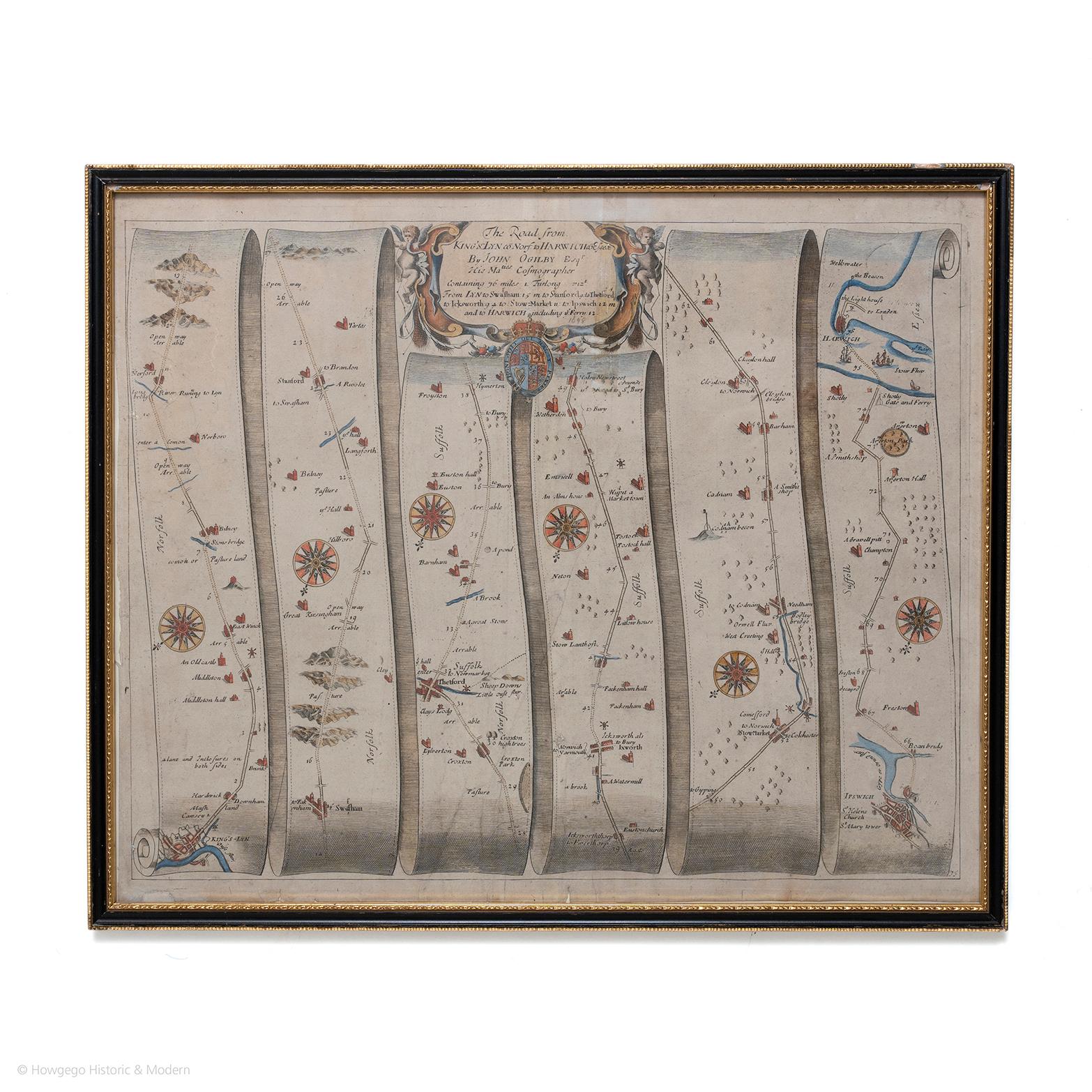 The Road from Kings Lyn Co Norfolk to Harwich Co Essex. By John Ogilby His Majesties Cosmographer. Containing 76 miles, 1 furlong. 

From Lyn to Swaffam, to Stanford, to Thetford, To Icksworth, to Stowmarket, to Ipswich and to Harwich including ye