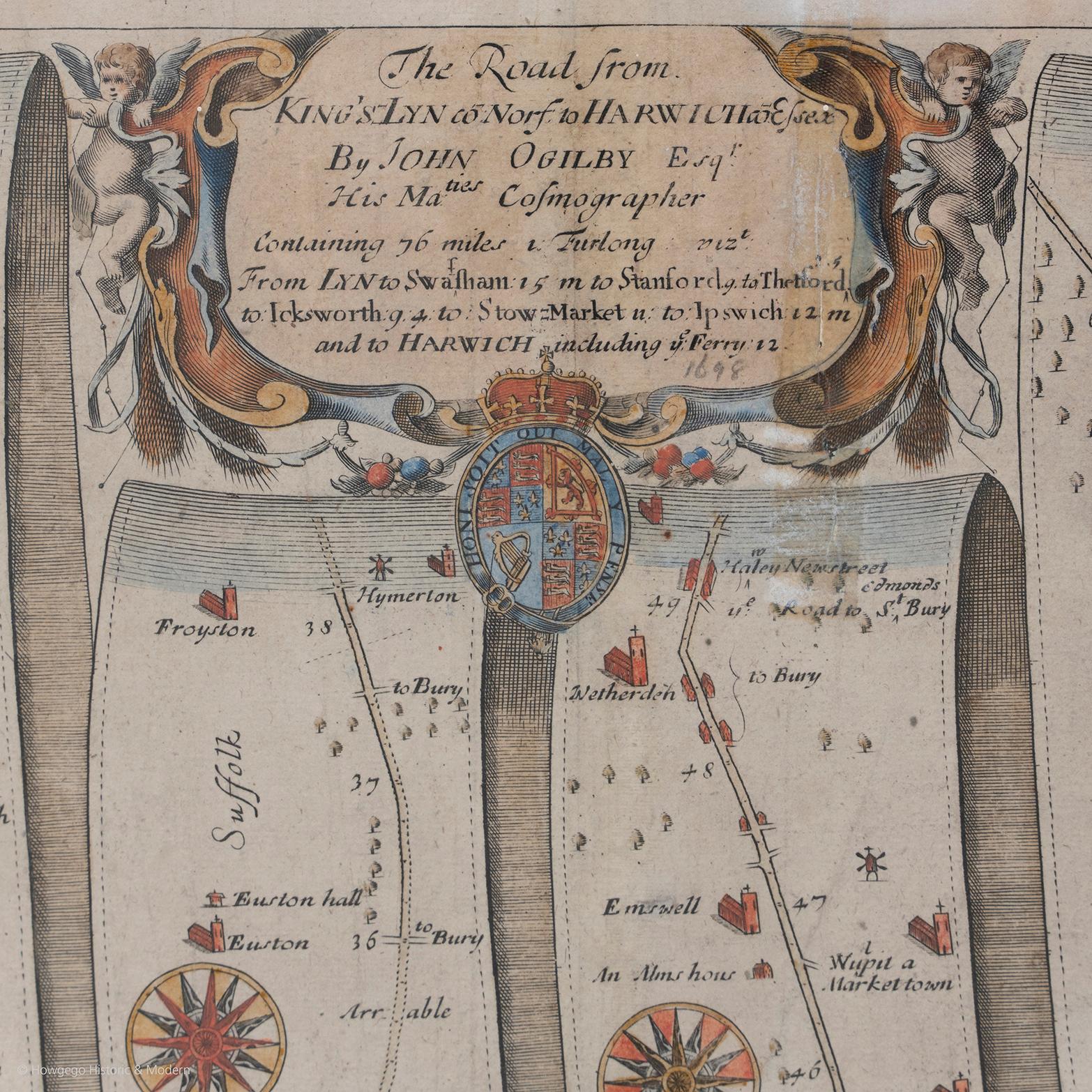 Baroque Carte de route John Ogilby n° 75 Kings Lyn Harwich, encadrement Britannia en vente
