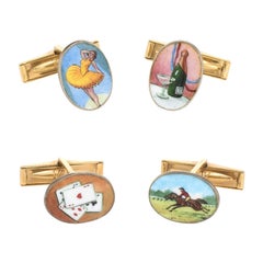 Road to Ruins Cufflinks Vintage 18 Karat Gold Enamel Gambling Cards Horse Racing