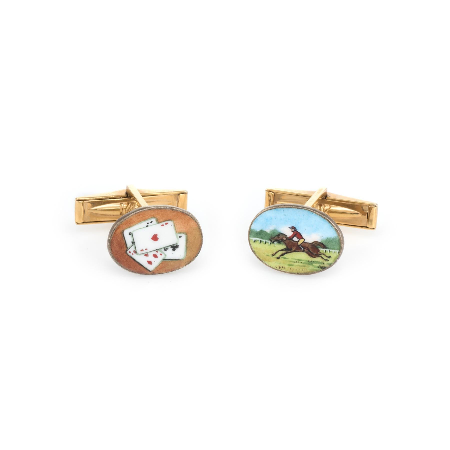 Finely detailed pair of vintage enamel crafted in 18k yellow gold (with 14k yellow gold backings). 

The cufflinks depict the story of the 'Road to Ruins' with gambling cards, a bottle of champagne, horse racing and a woman in a ballerina costume.