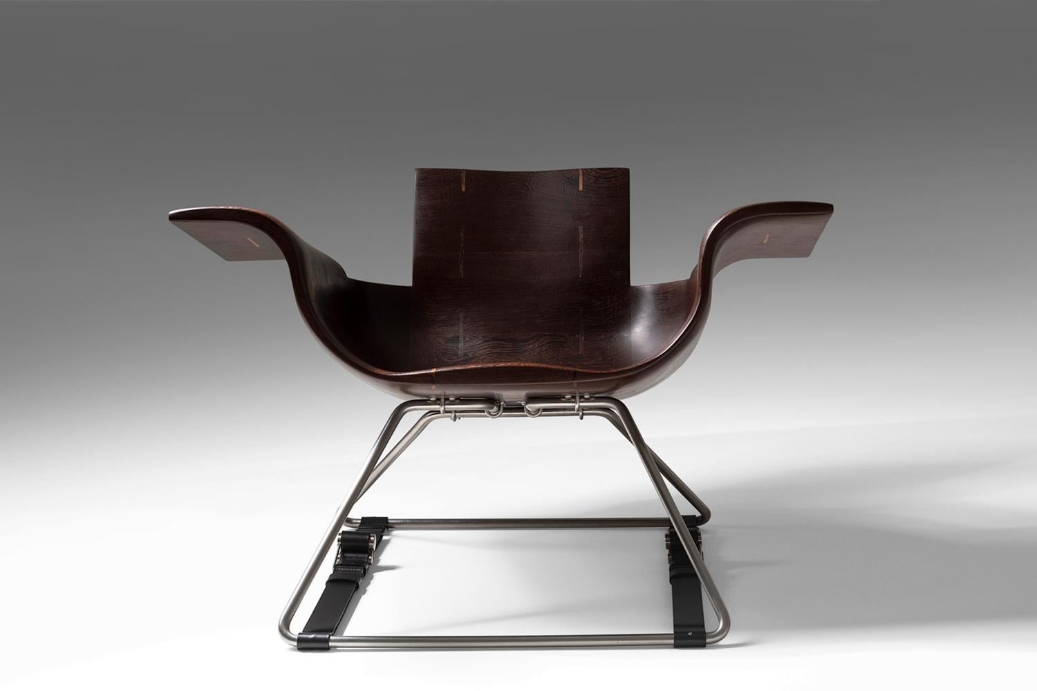 Woodwork Roadster Armchair with Footstool made out of Wenge Wood. Handcrafted in Poland. For Sale
