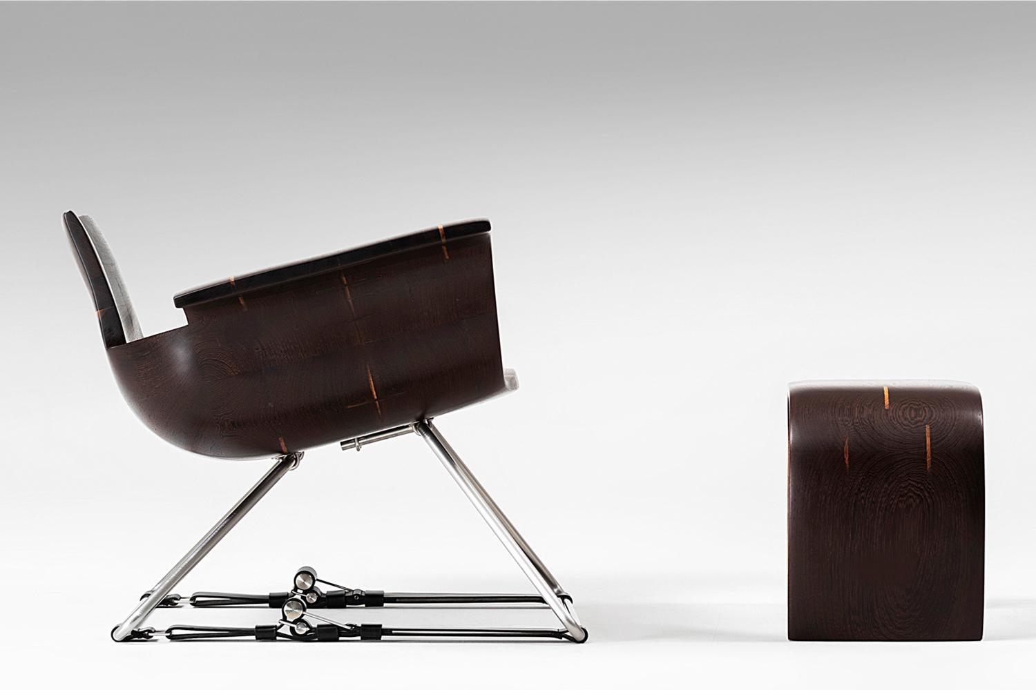 Roadster Armchair with Footstool made out of Wenge Wood. Handcrafted in Poland. For Sale 1