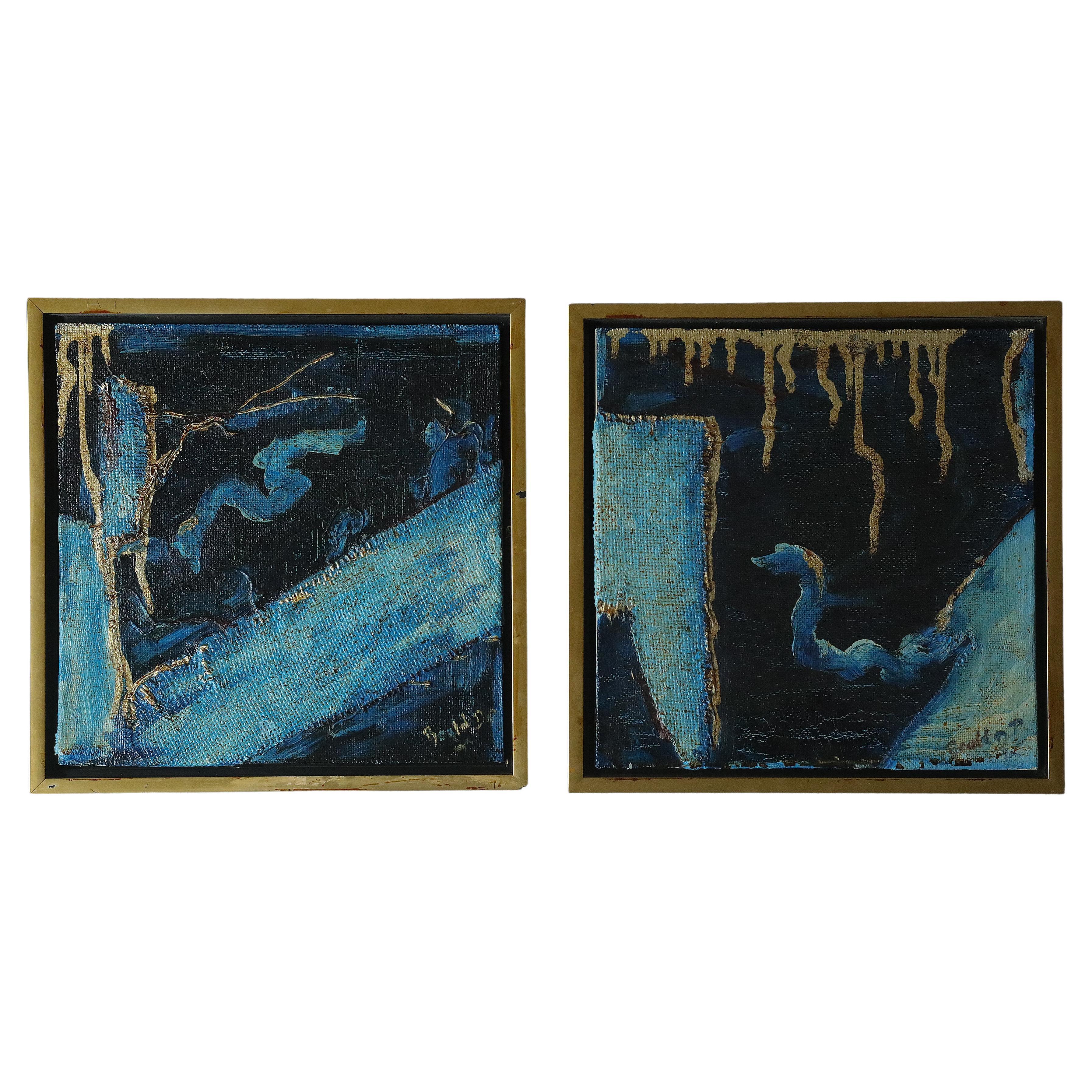 Roald Ditmer, composition abstraite, diptyque à l'huile sur toile, encadré en vente