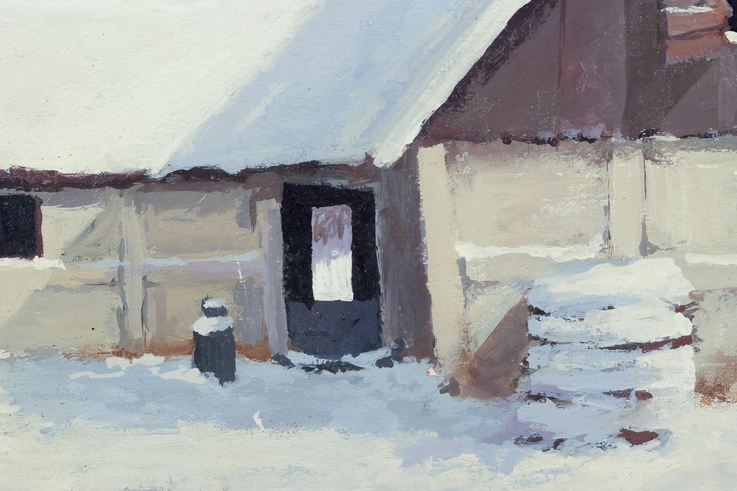 Roald Hansen, börsennotierter dänischer Maler. Öl auf Leinwand. Winterszene mit Bauernhof. (Dänisch) im Angebot