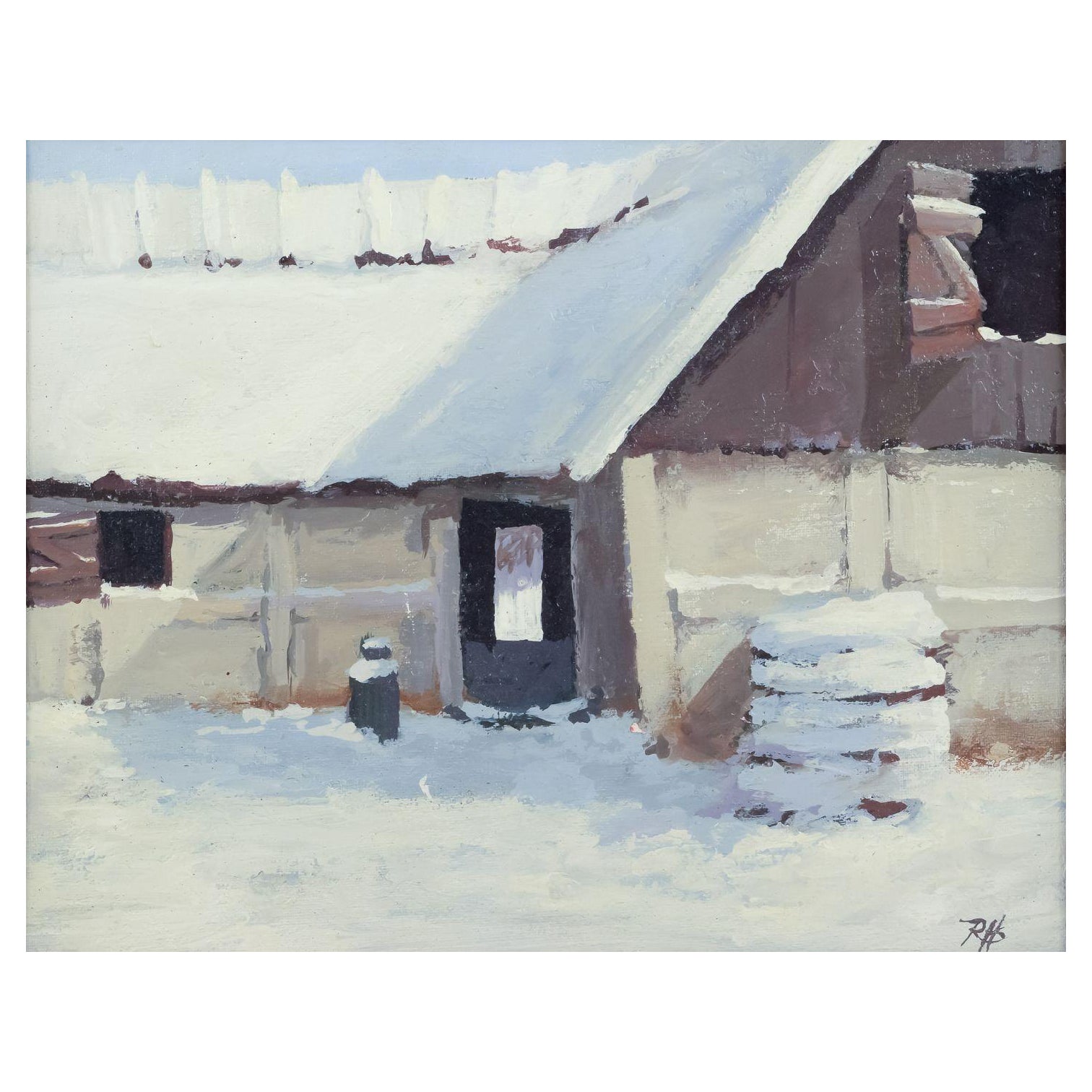 Roald Hansen, börsennotierter dänischer Maler. Öl auf Leinwand. Winterszene mit Bauernhof. im Angebot