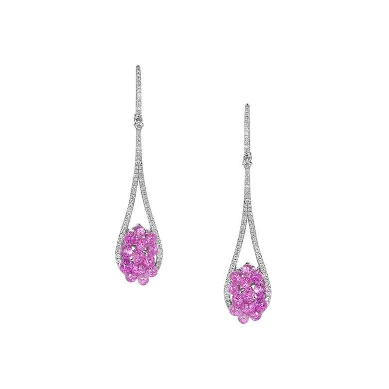 Roaring 1920as Inspired Pink Sapphire White Diamond Gold Drop Earrings For Sale