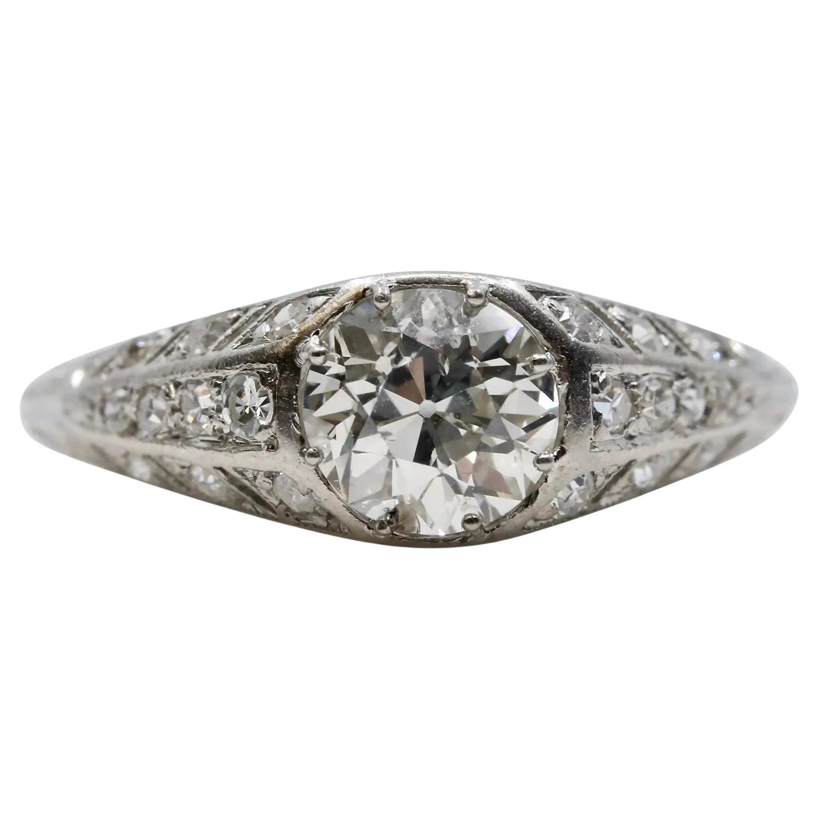 Roaring 20's Art Deco 1.15ctw Diamond Filigree Engagement Ring in Platinum For Sale