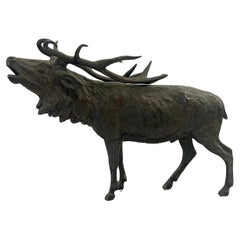 Roaring Deer Sculpture After Josef Franz in Bronze & Marble