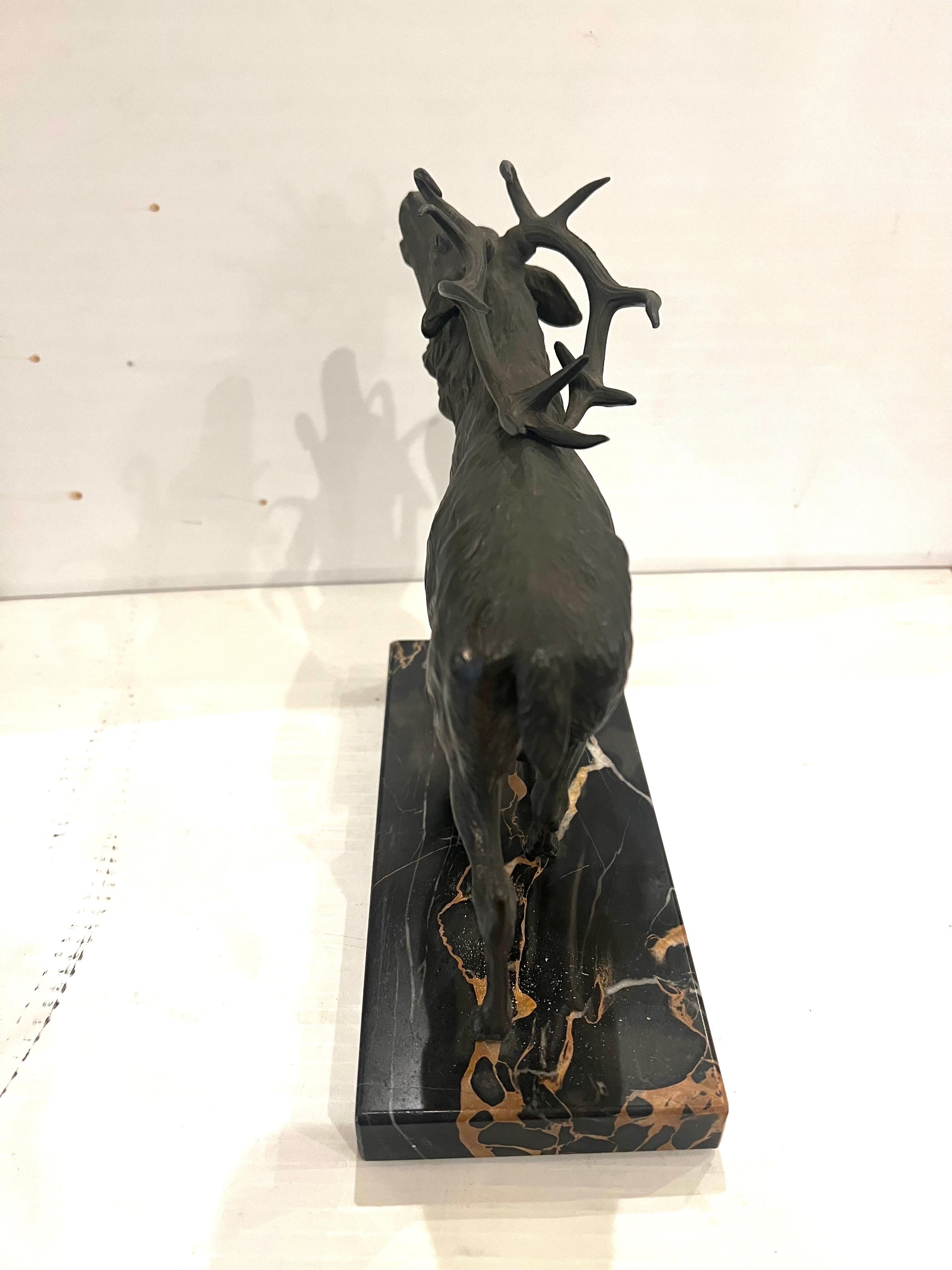 American Classical Roaring Deer Sculpture After Josef Franz in Bronze & Marble For Sale