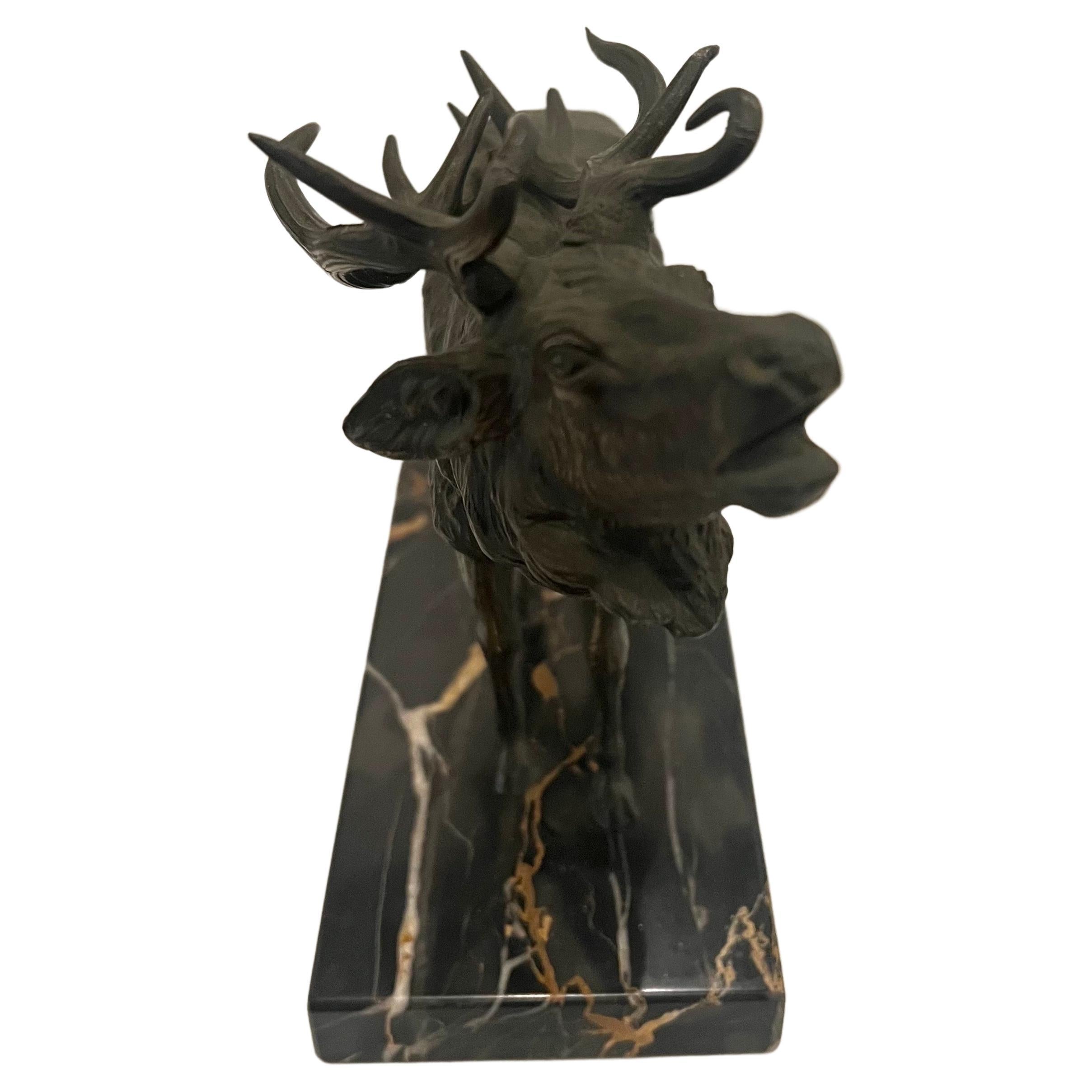 American Roaring Deer Sculpture After Josef Franz in Bronze & Marble For Sale
